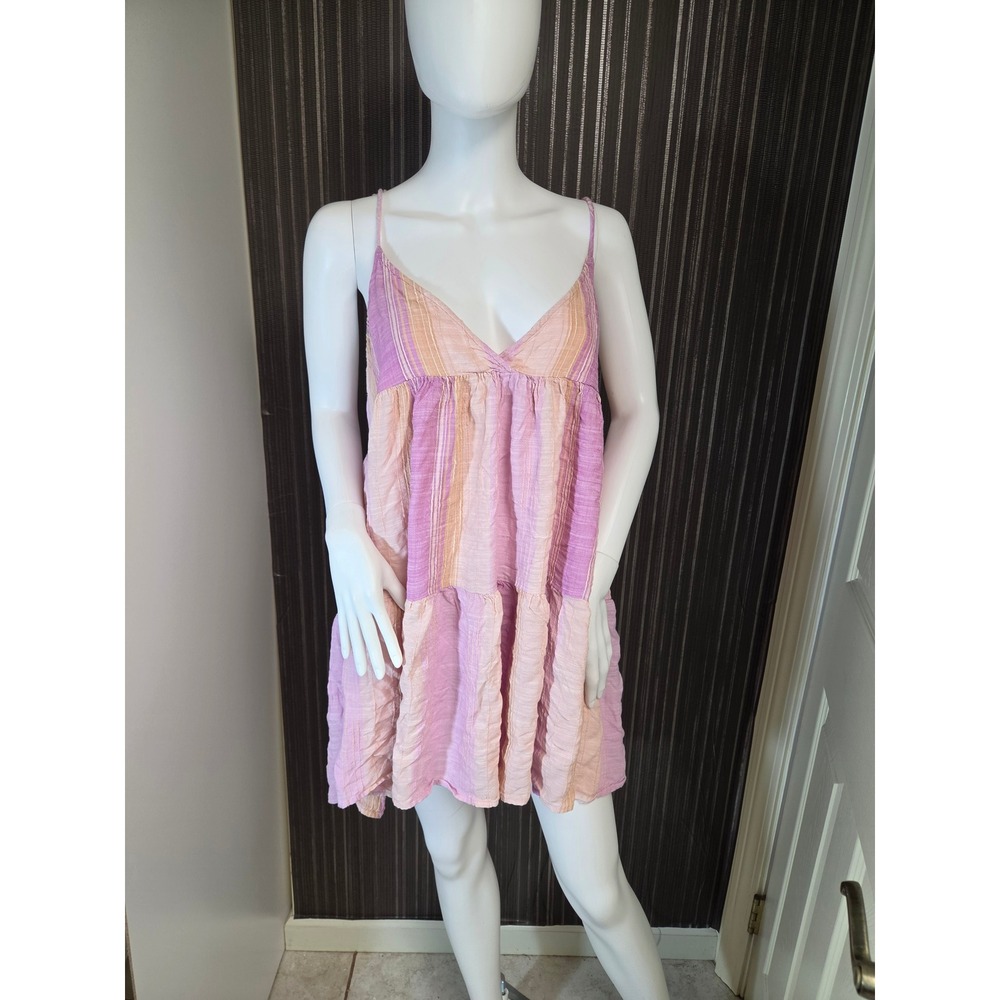 L Space Womens XL Pink Peach Striped Tiered Tassel Mini Dress Open Back SunDress